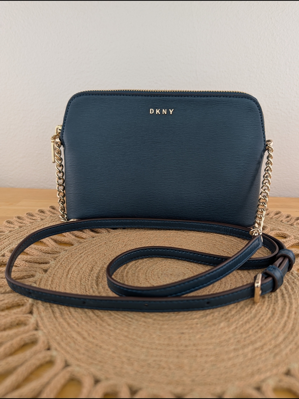 DKNY Dark Green Bryant Dome Mini Leather Crossbody Bag Gold Chain Strap Zip Top